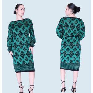 Vintage Nilani 1980s Metallic Green & Black Sweater Dress Sz Sm